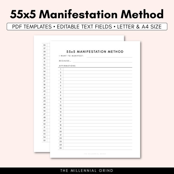 55x5 Method for Manifesting | Manifestation Journal | Manifestation Planner | Law of Attraction Printable | Law of Attraction Worksheet