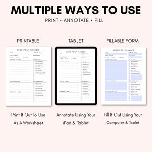 May include: A graphic showing three different ways to use a blog post planner: printable, tablet, and fillable form. The planner is designed to help bloggers organize their content and track their progress.