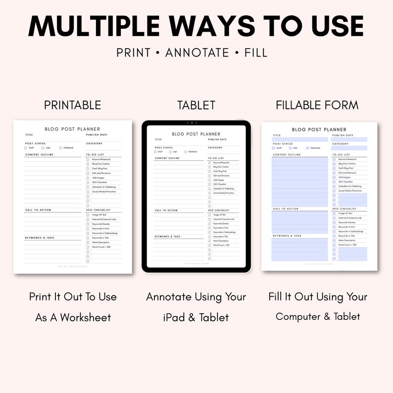 May include: A graphic showing three different ways to use a blog post planner: printable, tablet, and fillable form. The planner is designed to help bloggers organize their content and track their progress.