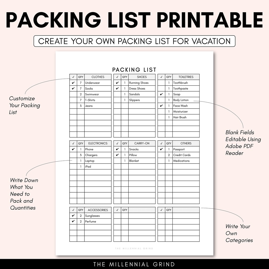 Packing List Printable Packing List Template Packing List Editable PDF Travel Planner Printable