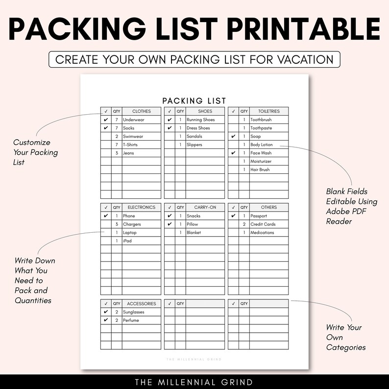 Packing List Printable | Packing List Template | Packing List Editable ...