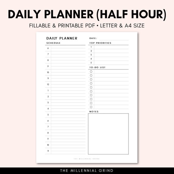 Daily Planner half-hour Daily Calendar Daily Schedule To-do List Instant  Download Fillable PDF Digital Planner Printables 