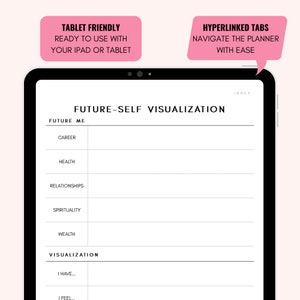 May include: A digital planner page with the title "Future-Self Visualization". The page is divided into sections for "Future Me", "Career", "Health", "Relationships", "Spirituality", "Wealth", and "Visualization".
