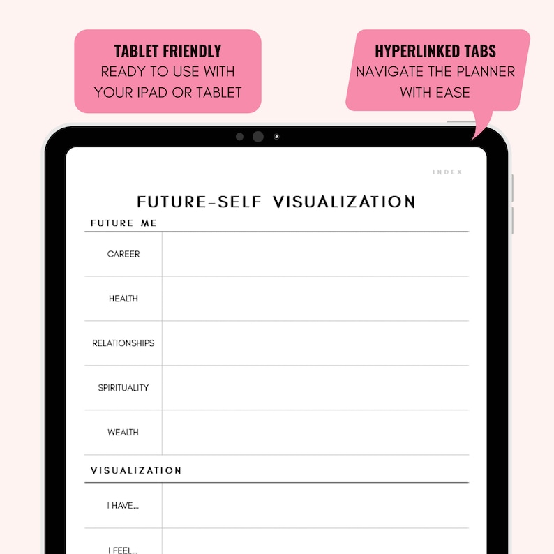 May include: A digital planner page with the title "Future-Self Visualization". The page is divided into sections for "Future Me", "Career", "Health", "Relationships", "Spirituality", "Wealth", and "Visualization".