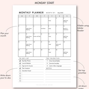 Monthly Planner Printable Page Instant PDF Download Fillable PDF Letter Size Undated Monthly Schedule Monthly Calendar image 3