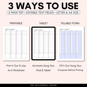 May include: A digital image showing three different ways to use a weekly planner. The first image shows a printable version of the planner. The second image shows a tablet screen displaying the planner. The third image shows a fillable form version of the planner. The text on the image reads "3 Ways To Use", "2 Page PDF - Editable Text Fields - Letter & A4 Size", "Printable", "Tablet", "Fillable Form", "Print It Out To Use As A Worksheet", "Annotate Using Your iPad & Tablet", "Fill It Out Using Your Computer Before Printing", and "The Millennial Grind".