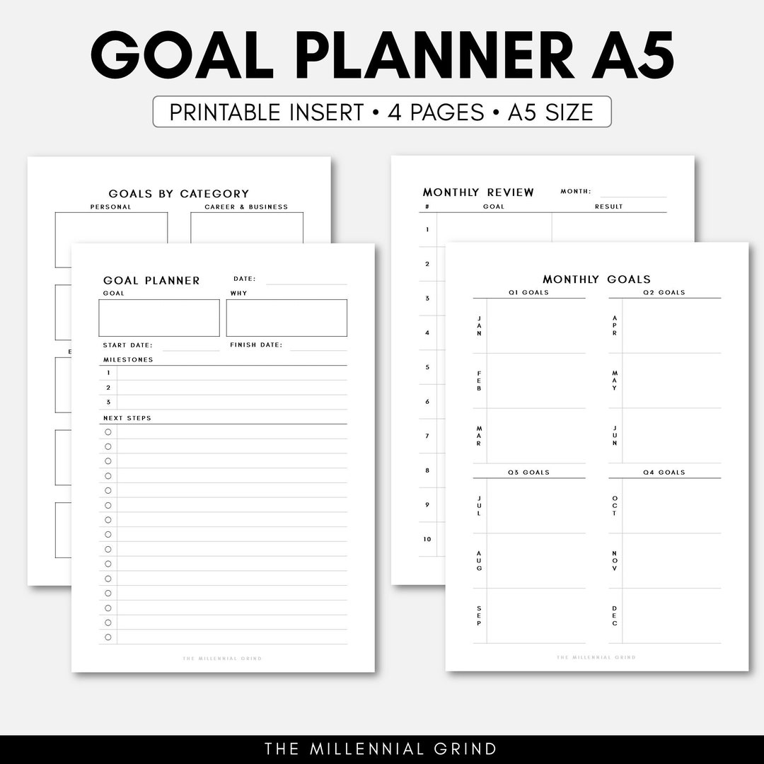 A5 Goal Planner | A5 Goal Printable | A5 Goal Inserts | A5 Filofax ...