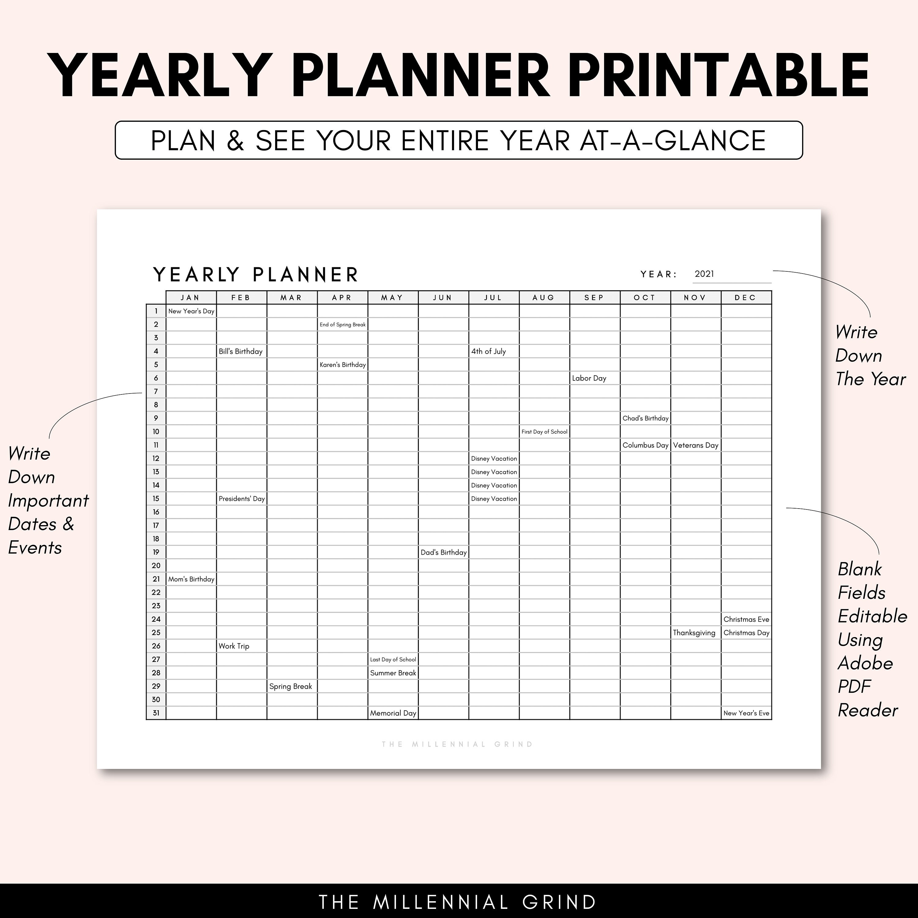 Yearly Planner Printable Yearly Planner Pdf Template Yearly Planner