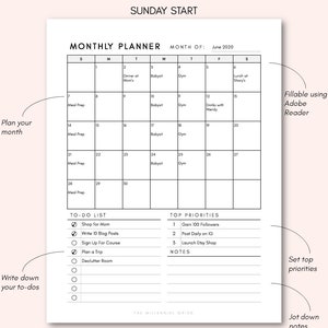 Monthly Planner Printable Page Instant PDF Download Fillable PDF Letter Size Undated Monthly Schedule Monthly Calendar image 4