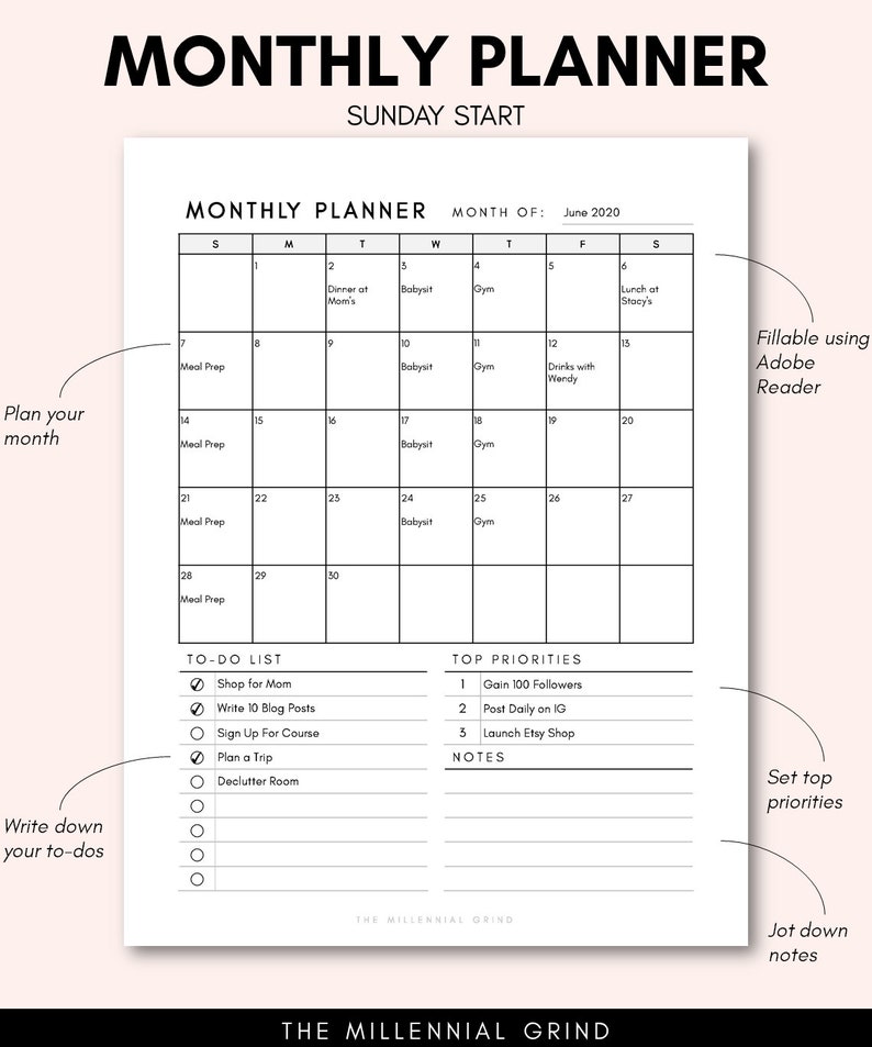 Monthly Planner Printable Page Instant PDF Download Fillable PDF Letter Size Undated Monthly Schedule Monthly Calendar image 4