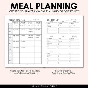 May include: A black and white printable meal planner with a weekly meal plan and grocery list. The planner includes sections for breakfast, lunch, dinner, and snacks. The grocery list includes sections for fruits, vegetables, dairy, meat, and pantry items.