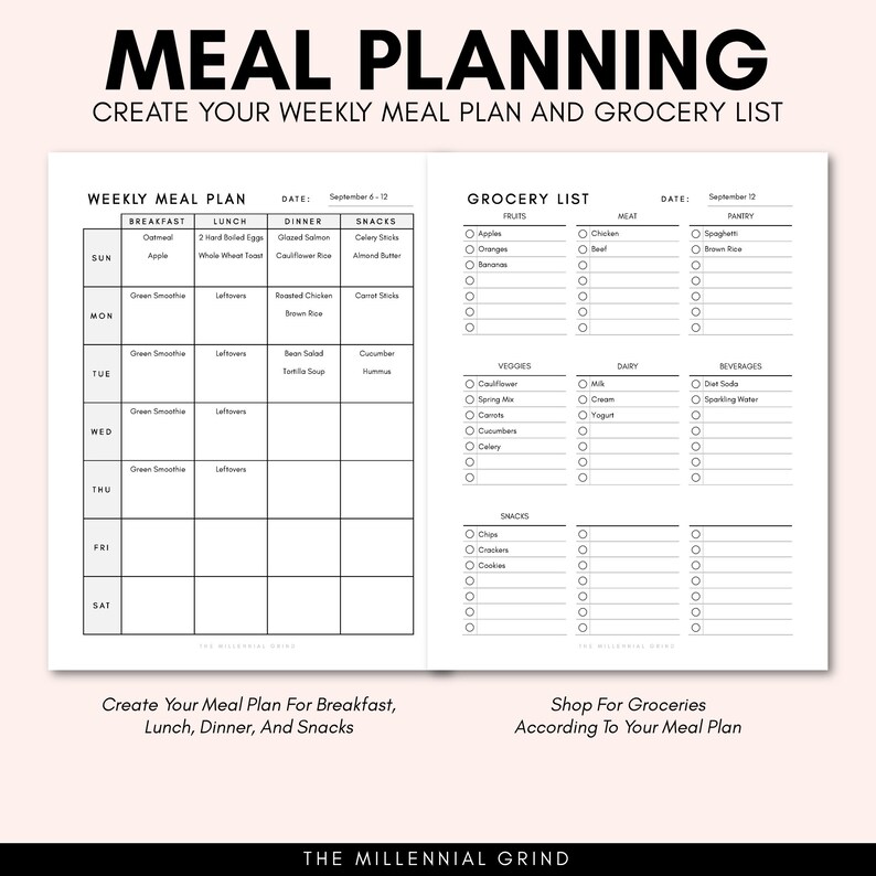 May include: A black and white printable meal planner with a weekly meal plan and grocery list. The planner includes sections for breakfast, lunch, dinner, and snacks. The grocery list includes sections for fruits, vegetables, dairy, meat, and pantry items.