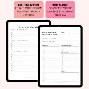 May include: A digital planner with a black and white design. The left side of the planner is a gratitude journal with sections for things you are grateful for, people you are grateful for, things you look forward to, and lessons learned. The right side of the planner is a daily planner with sections for affirmation of the day, intention for the day, quote of the day, schedule, top priorities, to-do list, and notes.