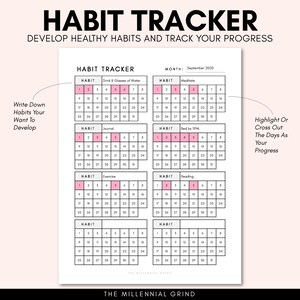 May include: A printable habit tracker with a pink and black design. The tracker includes a calendar for September 2020 and sections for tracking habits like drinking water, meditating, journaling, exercising, and reading. The text "The Millennial Grind" is at the bottom of the page.