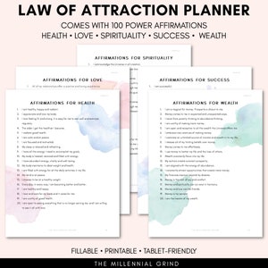 May include: A printable planner with watercolour backgrounds and affirmations for health, love, spirituality, success, and wealth. The planner includes 100 affirmations to help you manifest your goals.