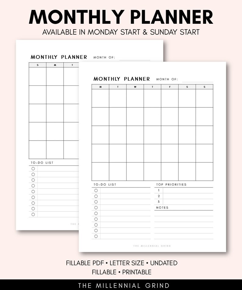 Monthly Planner Printable Page Instant PDF Download Fillable PDF Letter Size Undated Monthly Schedule Monthly Calendar image 2