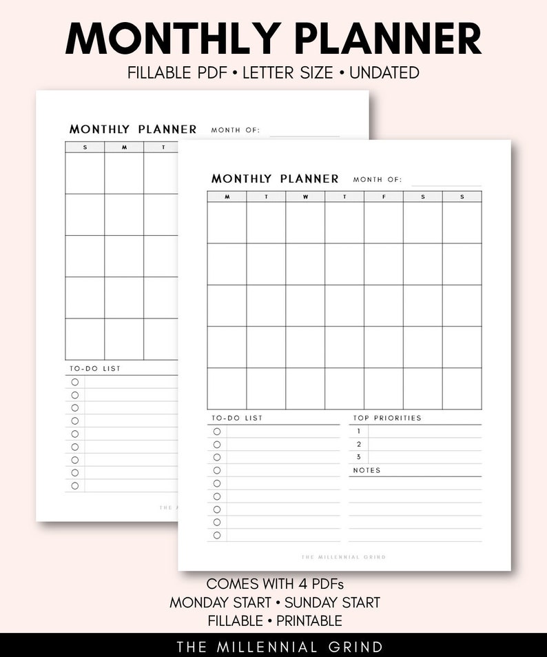 Monthly Planner Printable Page Instant PDF Download Fillable PDF Letter Size Undated Monthly Schedule Monthly Calendar image 1