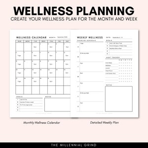 May include: A black and white printable wellness planner with a monthly calendar and a weekly schedule. The planner includes sections for goals, notes, and a habit tracker. The text "Wellness Planning" is at the top of the page.