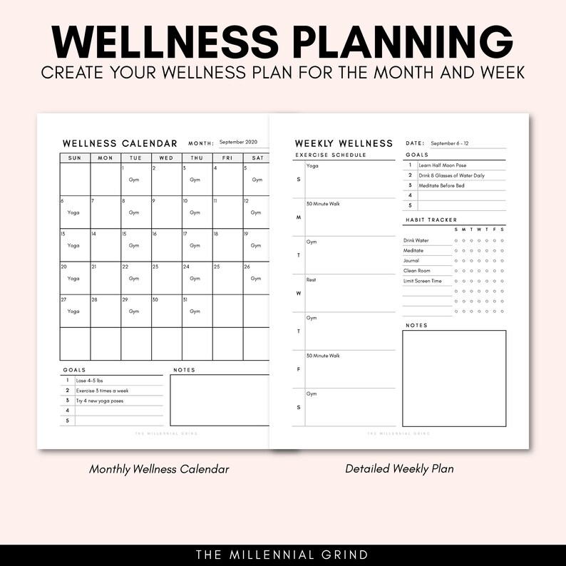 May include: A black and white printable wellness planner with a monthly calendar and a weekly schedule. The planner includes sections for goals, notes, and a habit tracker. The text "Wellness Planning" is at the top of the page.