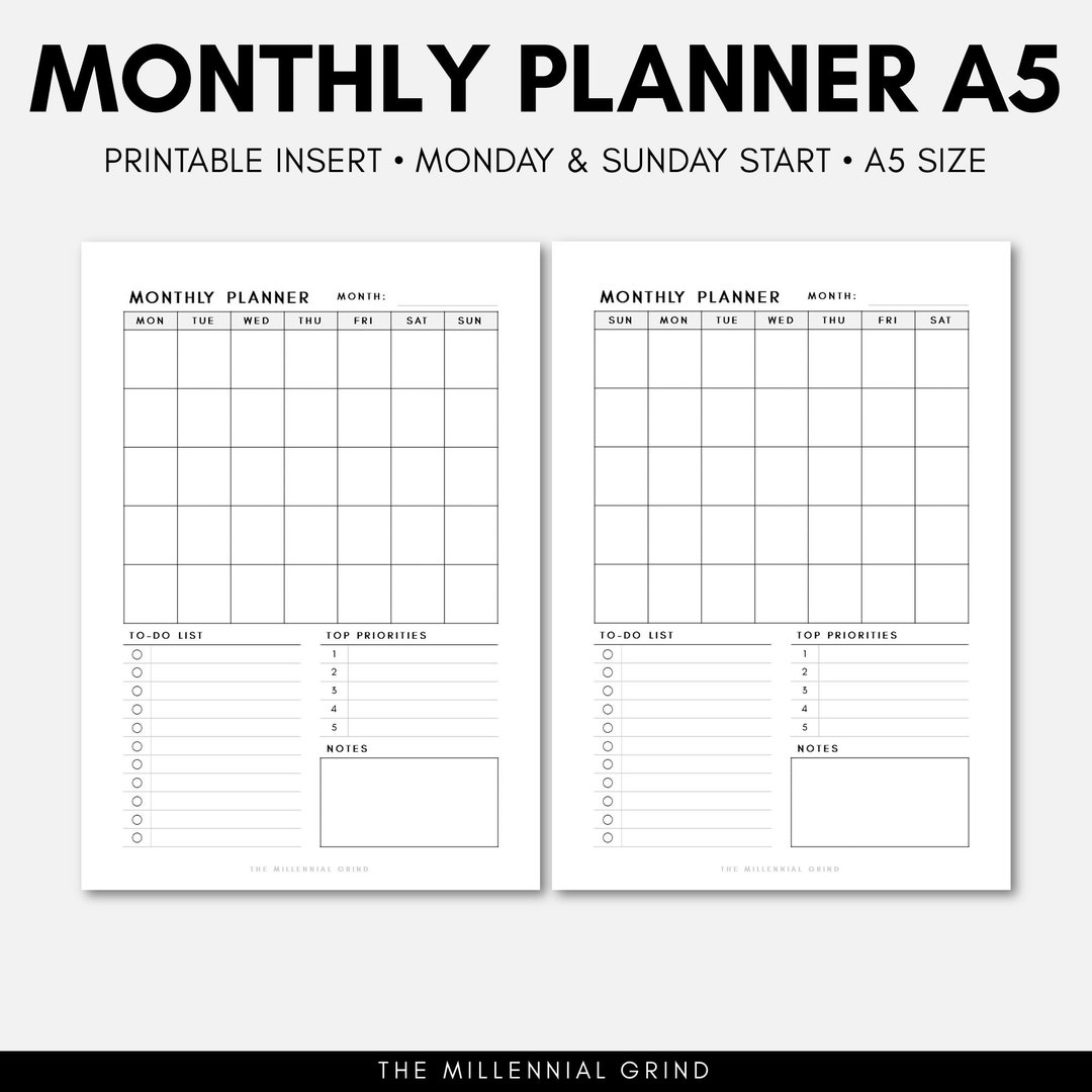 A5 Monthly Planner | A5 Monthly Printable | A5 Monthly Inserts | A5 ...