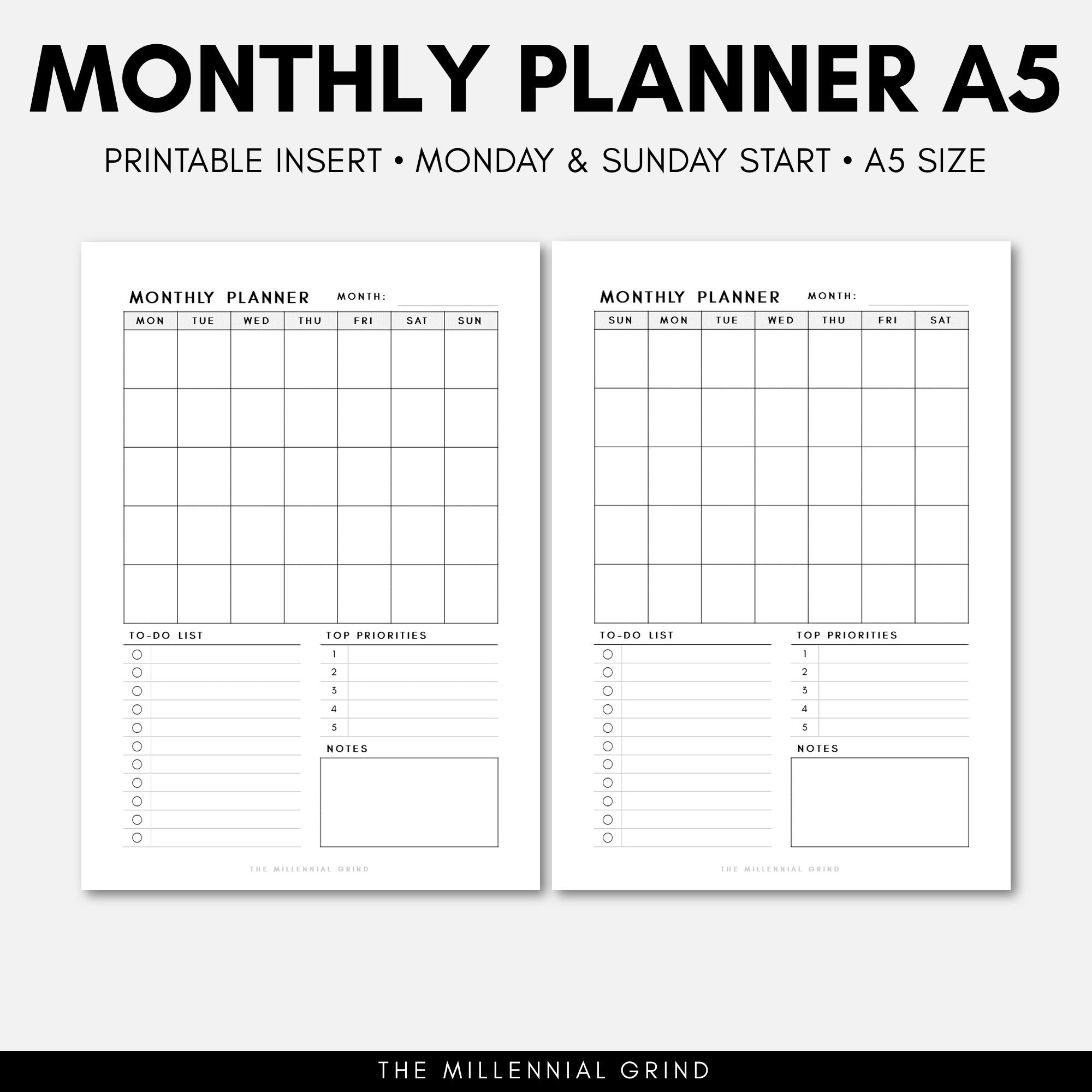 A5 Monthly Planner | A5 Monthly Printable | A5 Monthly Inserts | A5 ...