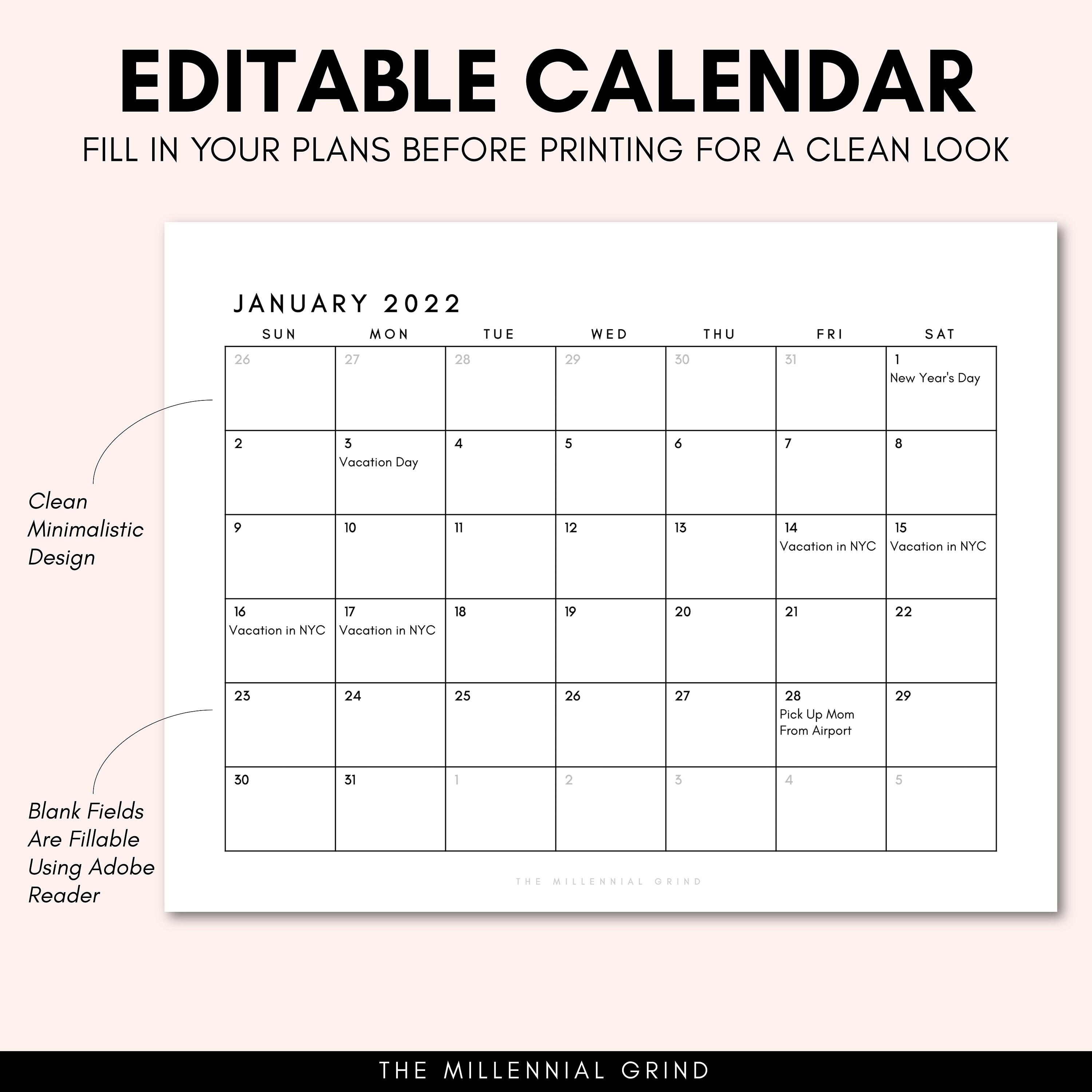 2022 calendar printable 2022 calendar template 2022 etsy