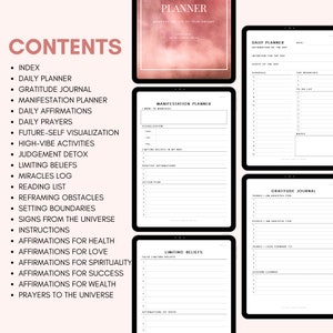 May include: A digital planner with a pink and white background. The planner includes sections for daily planning, gratitude journaling, manifestation planning, and limiting beliefs. The planner is designed to help users manifest their dreams and goals.