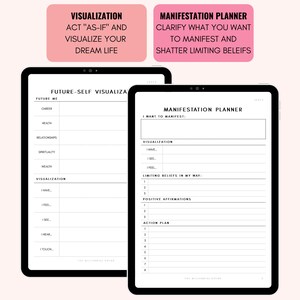 May include: Two printable pages for a manifestation planner. The first page is titled "Future-Self Visualization" and has sections for future self, career, health, relationships, spirituality, wealth, and visualization. The second page is titled "Manifestation Planner" and has sections for "I want to manifest", "Visualization", "Limiting Beliefs in My Way", "Positive Affirmations", and "Action Plan".