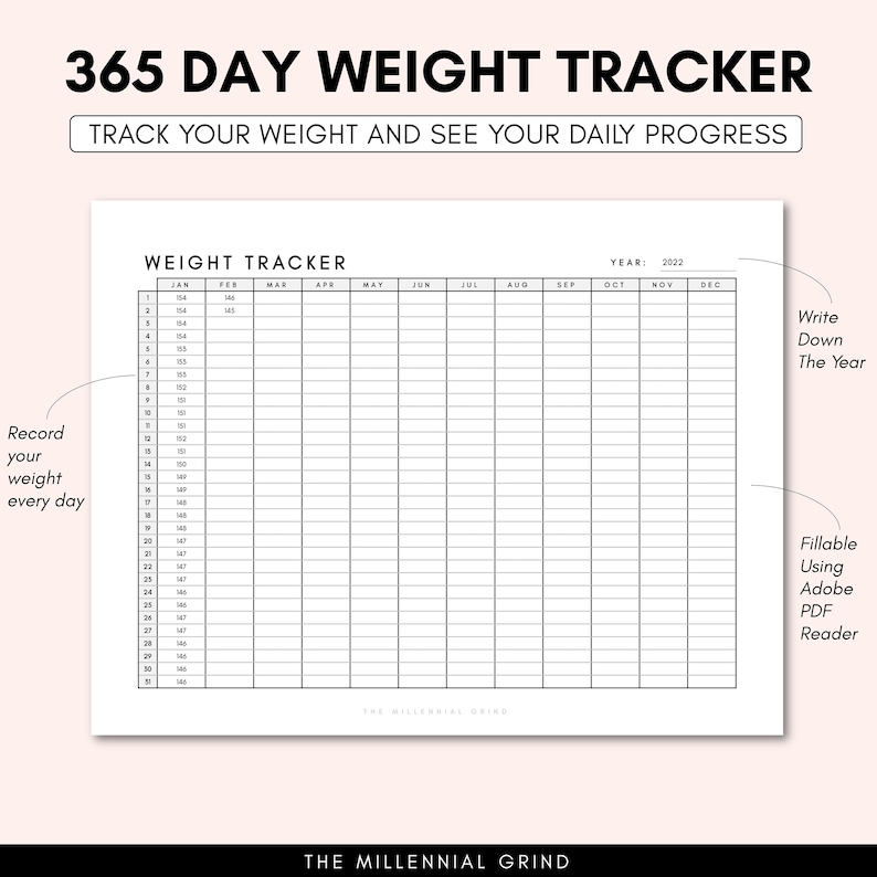 Daily Weight Tracker, 365 Day Weight Tracker, Weight Tracker Printable, Weight Loss Tracker