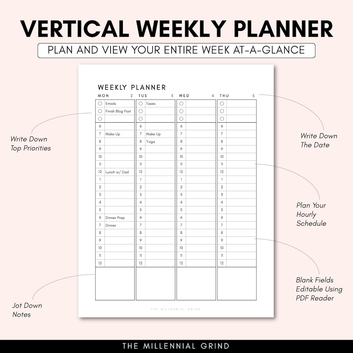 Vertical Weekly Planner Printable | Vertical Weekly Planner Insert ...