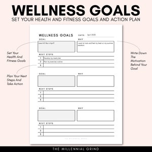 May include: A printable wellness goals worksheet with sections for setting goals, next steps, and why. The worksheet includes a date field and a section for writing down motivation behind the goal.