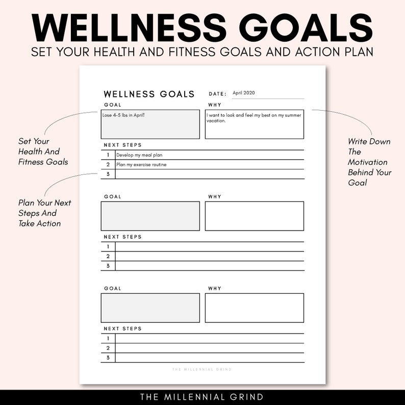May include: A printable wellness goals worksheet with sections for setting goals, next steps, and why. The worksheet includes a date field and a section for writing down motivation behind the goal.