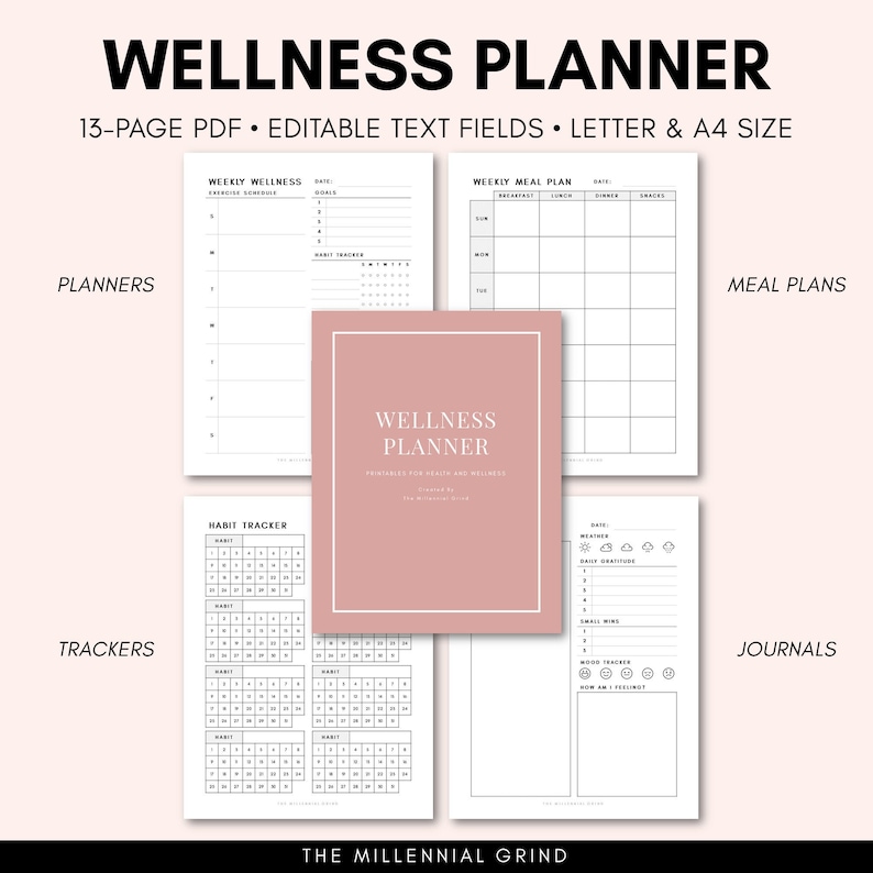 May include: A printable wellness planner with a pink cover and the text "Wellness Planner" in black. The planner includes sections for weekly wellness, meal plans, habit trackers, and journals.