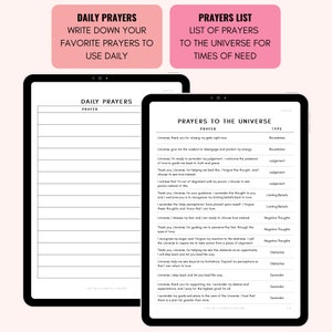 May include: A digital planner page with a black and white design. The page is titled "Daily Prayers" and features a list of prayers to the universe for times of need. The prayers are categorised by type, such as boundaries, judgment, limiting beliefs, negative thoughts, obstacles, and surrender.