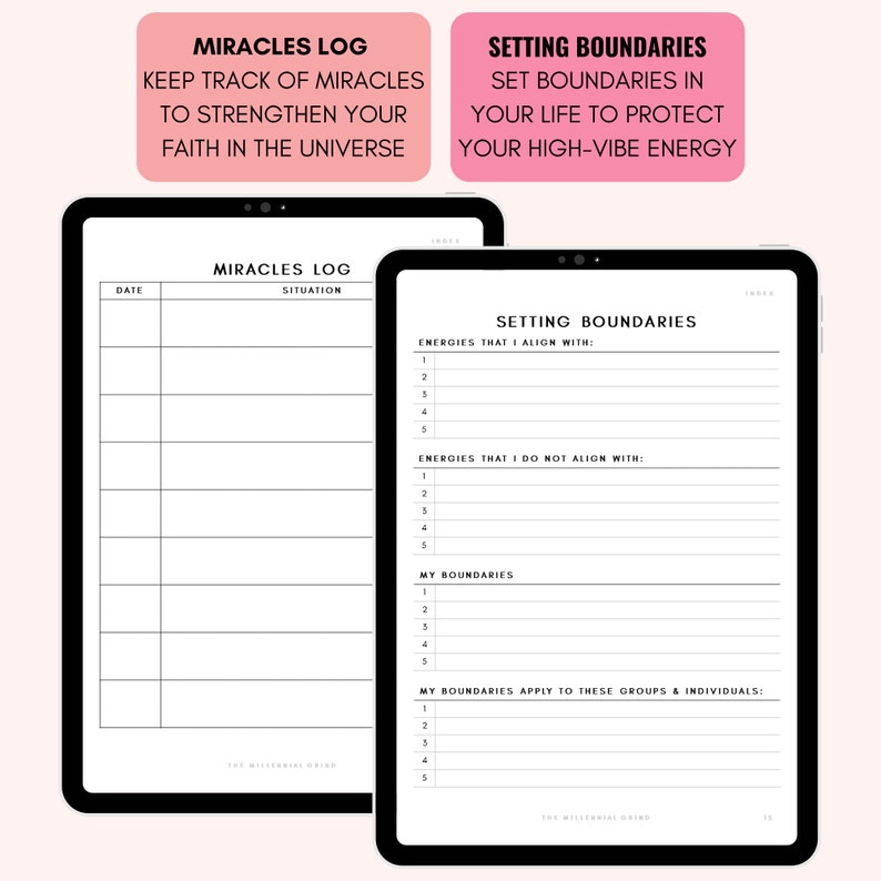 May include: Two printable pages for a journal or planner. The first page is titled "Miracles Log" and has a section for date and situation. The second page is titled "Setting Boundaries" and has sections for energies that align with, energies that do not align with, my boundaries, and my boundaries apply to these groups & individuals.
