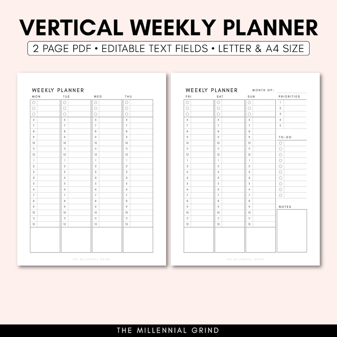 Vertical Weekly Planner Printable Vertical Weekly Planner Insert