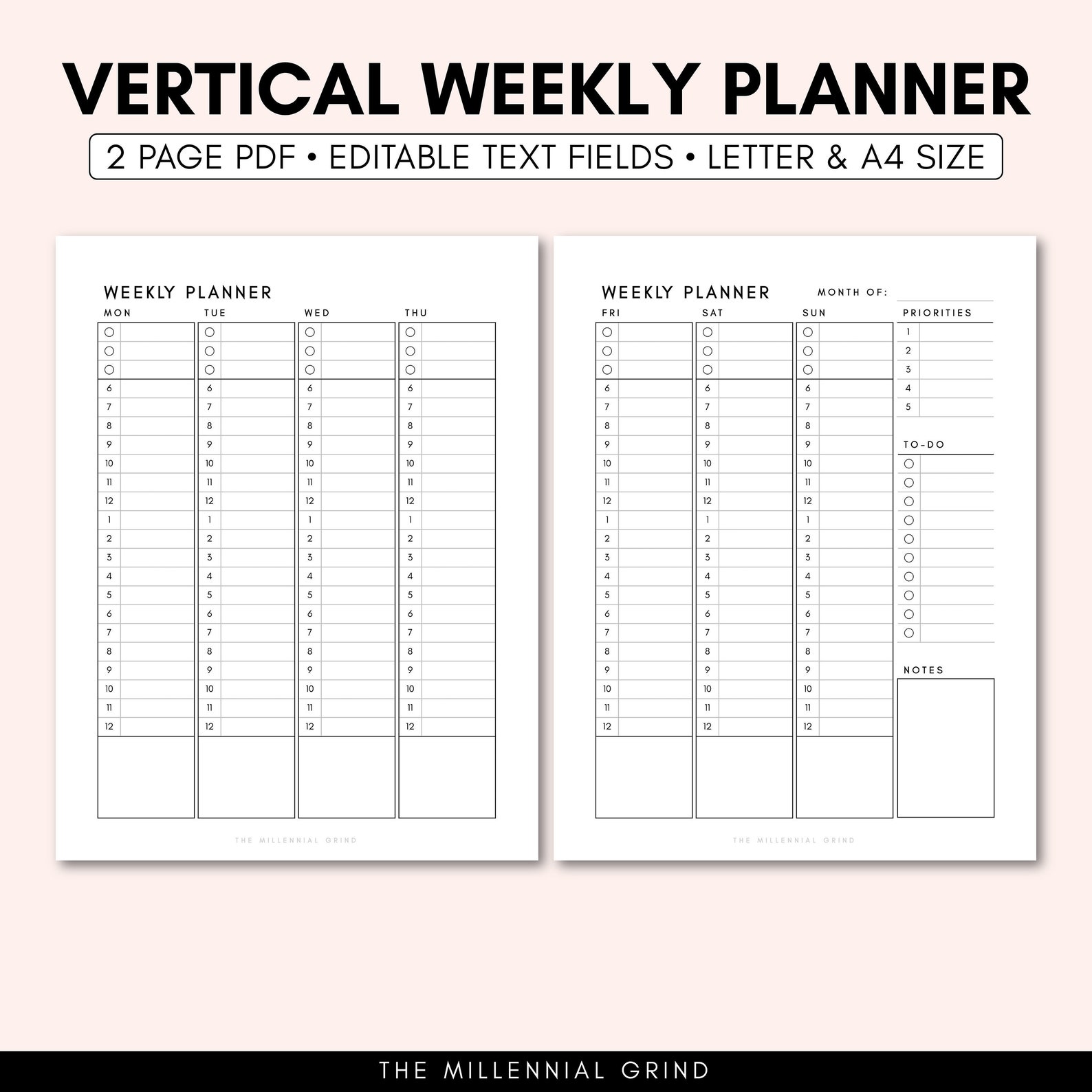 Vertical Weekly Planner Printable Vertical Weekly Planner Insert