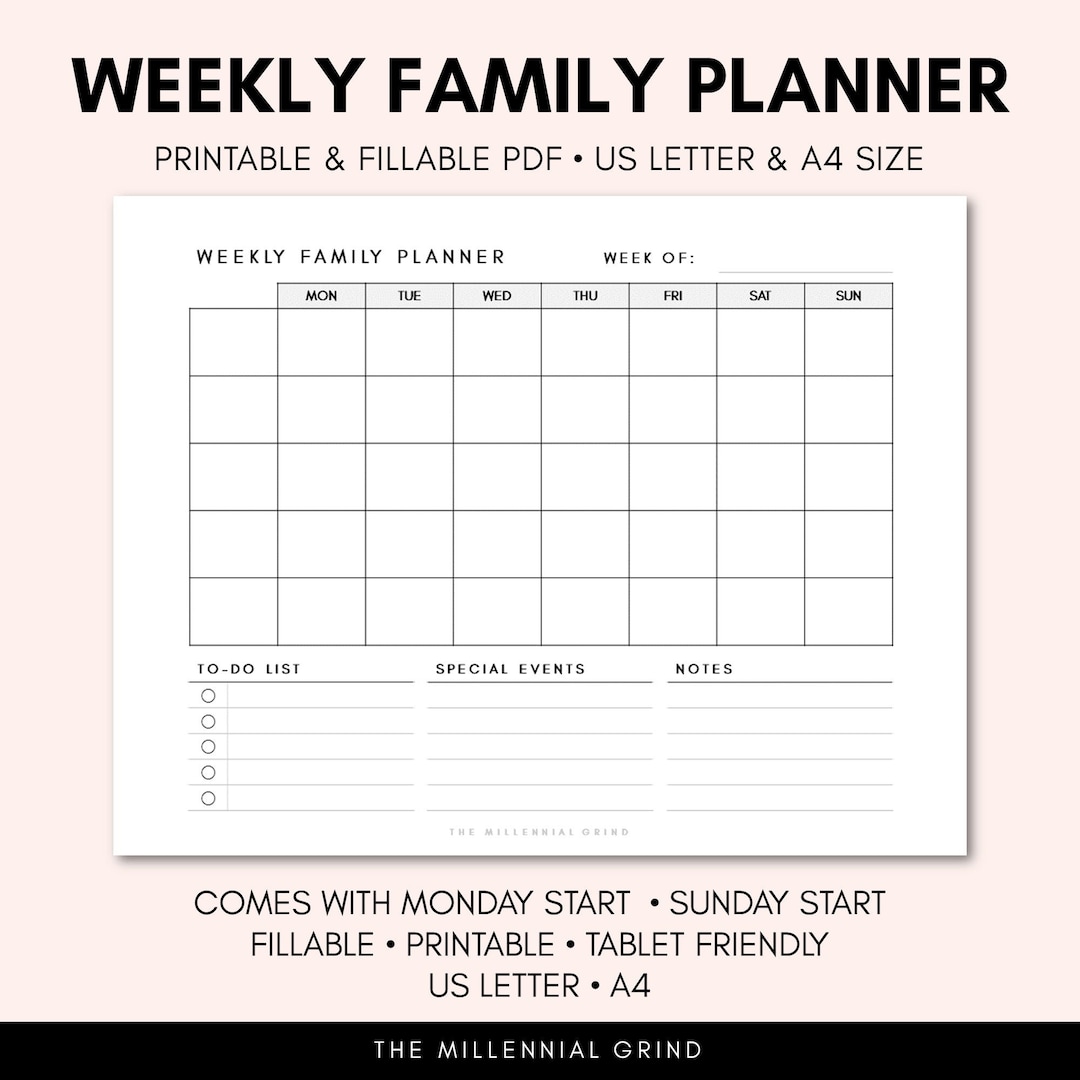 Weekly Family Planner Printable Instant PDF Download Fillable PDF US