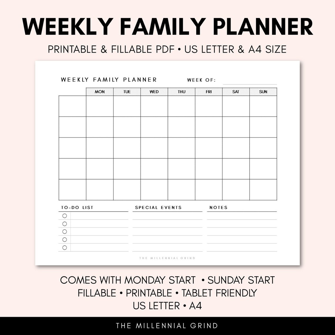 Weekly Family Planner Printable Instant PDF Download Fillable PDF US Letter & A4 Size Family ...