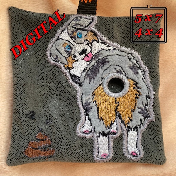 ITH Australian Shepherd Aussie Poop Waste bag dispenser machine embroidery design. Poop bag holder Aussie. Two sizes: hoop 5x7 and 4x4