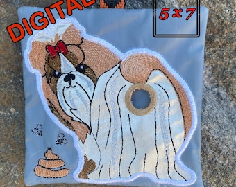 Diseño de bordado a máquina para dispensador de bolsas de excrementos de Shih Tzu ITH (bastidor de 5 x 7 pulgadas) (patrón digital)