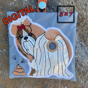 May include: Embroidered dog poop bag holder with a Shih Tzu design. The holder is gray with a brown poop emoji and the text "DIGITAL" in red. The holder is 5x7 inches.