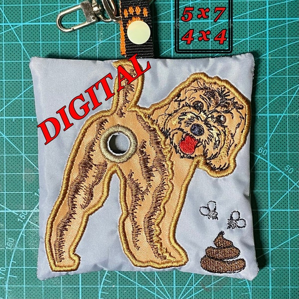 ITH Cockapoo Dog Poop sac distributeur machine broderie design. Modèle de support de sac à crottes. Applique Cockapoo. Conception numérique. Cerceau 5x7 et 4x4