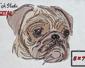 Diseño de bordado de cara de carlino: logotipo de boceto (bastidor de 5x7) (descarga digital)