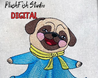 Pug embroidery design. Cartoon Pug machine embroidery design. Cute dancing pug girl in dress embroidery design. Digital pattern. Hoop 5x7