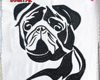 Diseño de bordado de logotipo de cara de carlino: Cabeza de perro de un solo color (bastidor de 5x7) (Descarga digital)