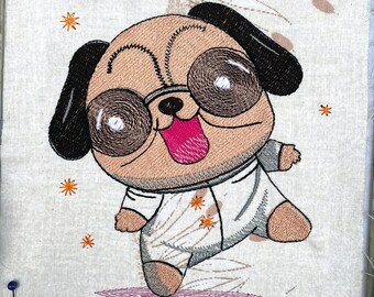 Diseño de bordado de un lindo pug bailando, bastidores de 4x4 y 5x7 (patrón digital)