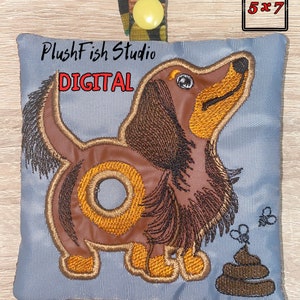 May include: A digital embroidery design of a brown dachshund dog with a donut in its back end. The dog is standing on a blue background with a pile of poop and two flies. The design is 5 inches by 7 inches.
