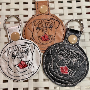ITH Pug key fob machine embroidery design. Pug face embroidery. Key chain, snap tab in the hoop embroidery design. For the hoop 4x4 image 1