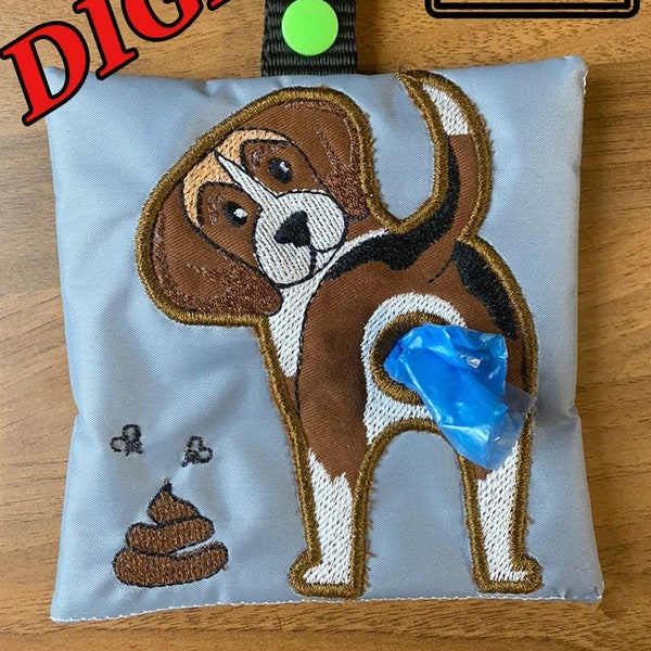 ITH Beagle Poop Tasche Spender Maschine Sticken Design. Poop Bag Halter Muster. Beagle-Hintern. Poop Bag Dispenser Design. Reifen 5x7 und 4x4